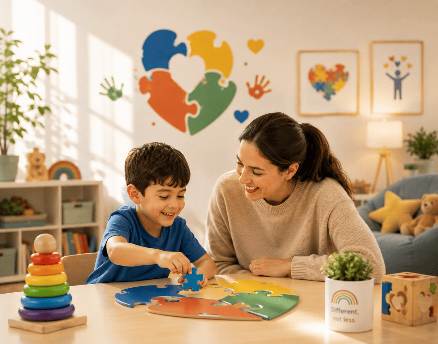 Parent and child exploring a puzzle activity together